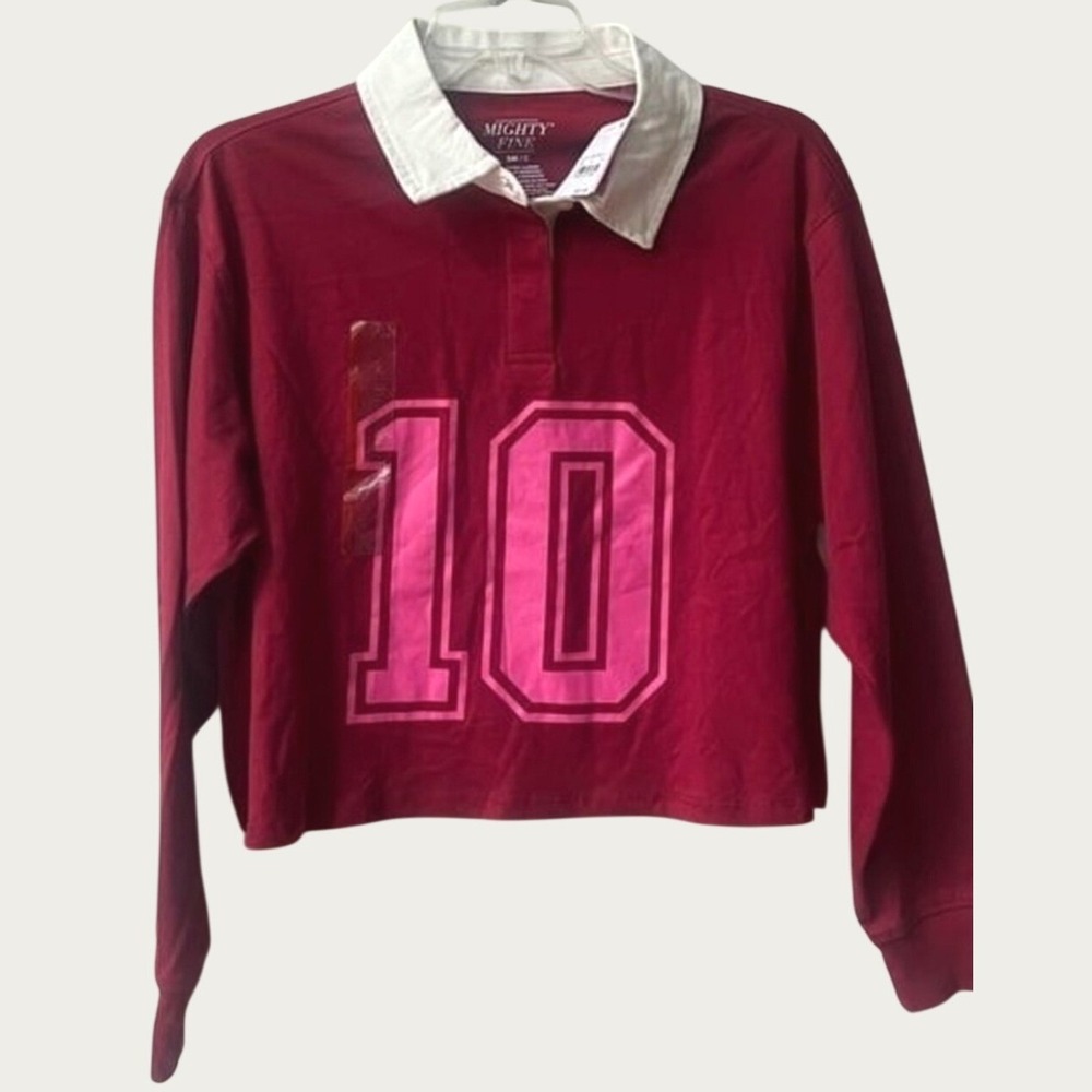 Mighty Fine Rugby Cropped Top Collared Long Sleeve Small Burgundy Pink 10 NWT